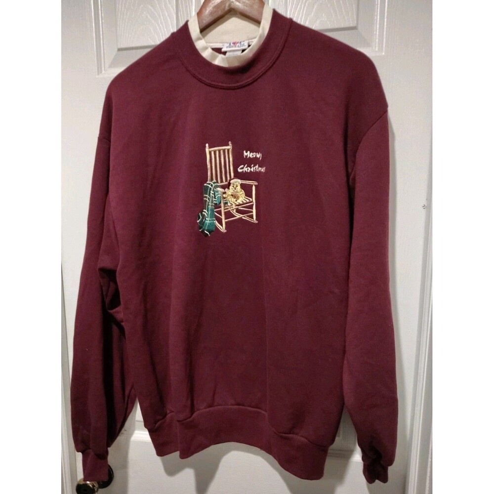 Vintage Top Threads Sweatshirt Womens L Christmas Rocking CAT Granny Relaxed Fit